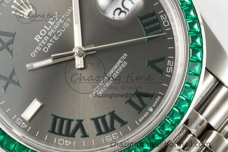 DateJust 41mm DIWF 1:1 Best Edition 904L Steel Green Diamonds Bezel Gray Dial Arabic Marker on Jubilee Bracelet SA Breathable 2334