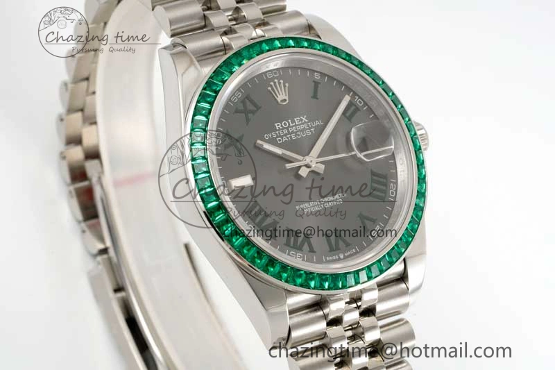 DateJust 41mm DIWF 1:1 Best Edition 904L Steel Green Diamonds Bezel Gray Dial Arabic Marker on Jubilee Bracelet SA Breathable 2334