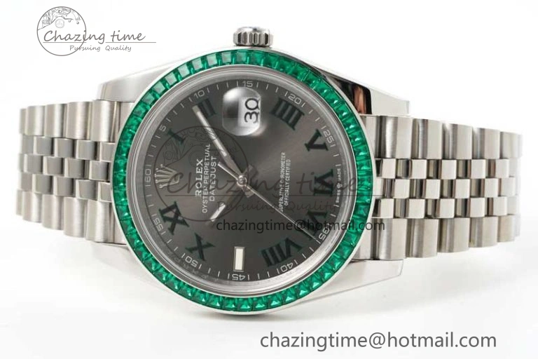 DateJust 41mm DIWF 1:1 Best Edition 904L Steel Green Diamonds Bezel Gray Dial Arabic Marker on Jubilee Bracelet SA Breathable 2334