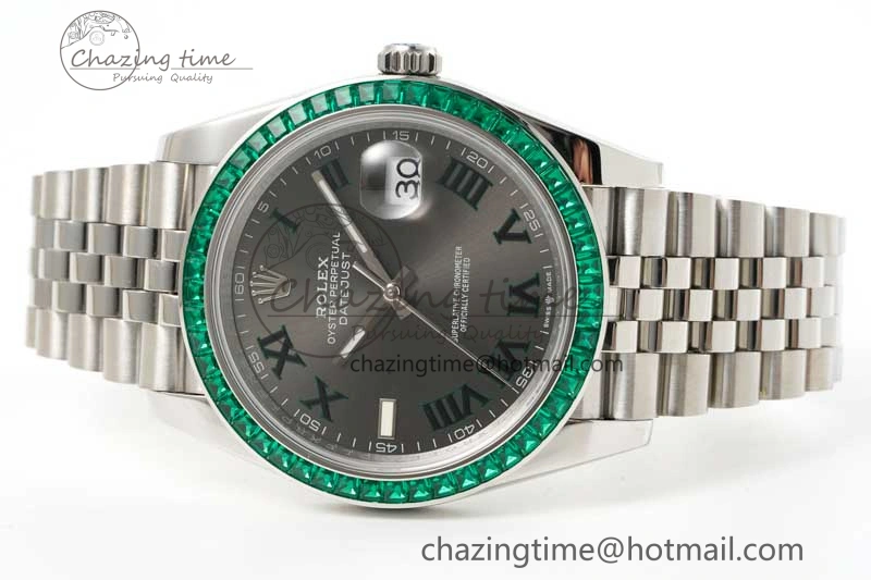 DateJust 41mm DIWF 1:1 Best Edition 904L Steel Green Diamonds Bezel Gray Dial Arabic Marker on Jubilee Bracelet SA Breathable 2334