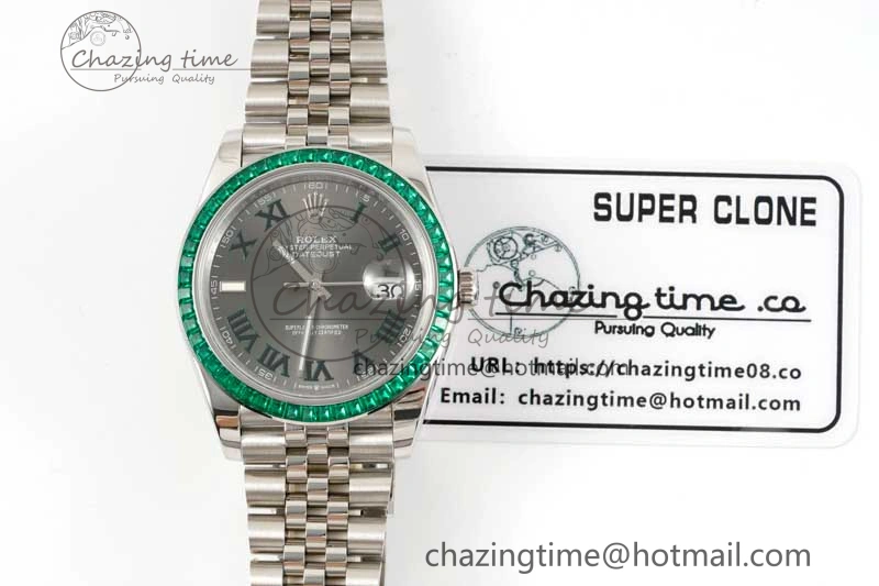 DateJust 41mm DIWF 1:1 Best Edition 904L Steel Green Diamonds Bezel Gray Dial Arabic Marker on Jubilee Bracelet SA Breathable 2334