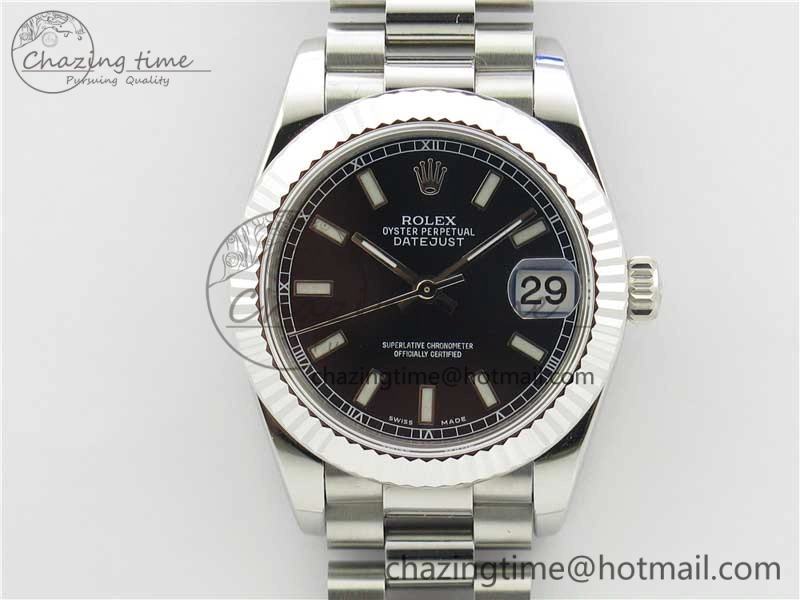 TechFriendly Datejust 31mm 278275 SS BP Maker Best Edition Black Stick Markers Dial on SS President Bracelet 10525