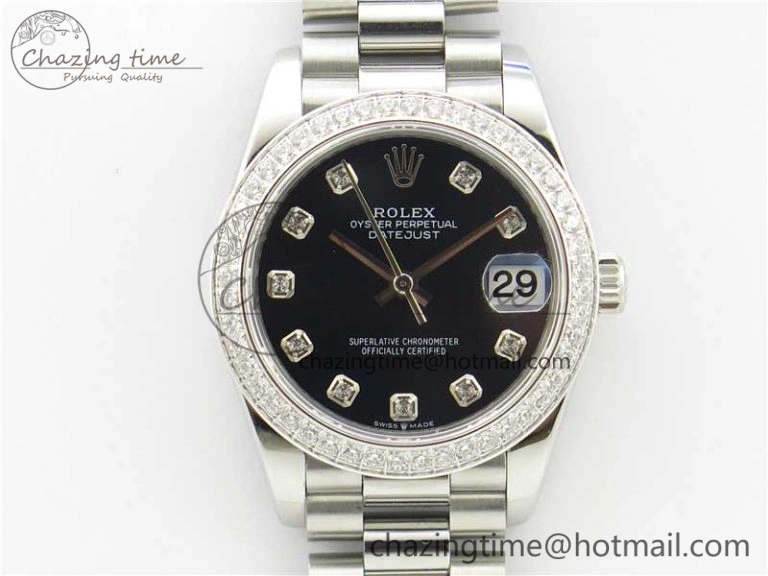 Modern Datejust 31mm 278275 SS Crystal Bezel BP Maker Best Edition Black Dial Crystal on SS President Bracelet 3097