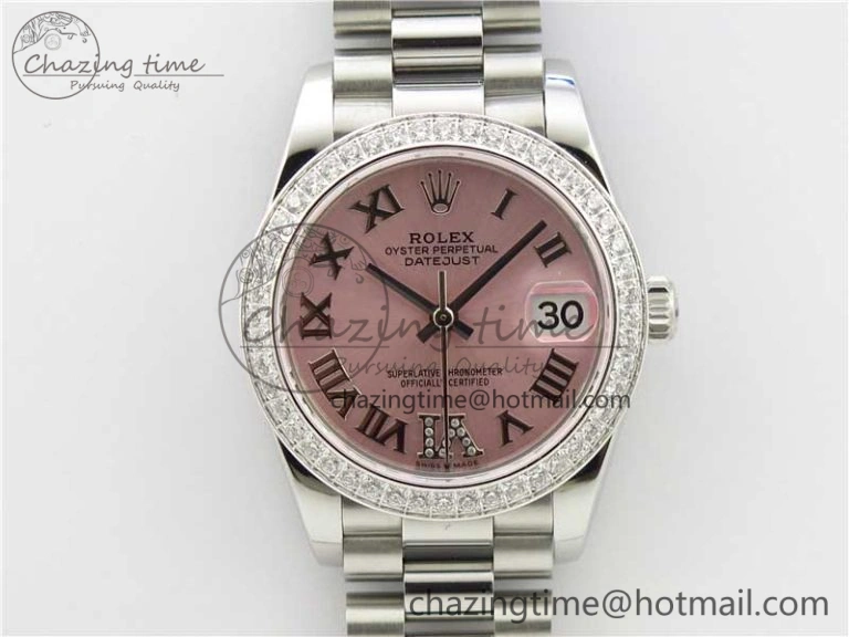 Datejust 31mm 278275 SS Crystal Bezel BP Maker Best Edition Pink Roman Dial Crystal @6 on SS President Bracelet Bold 3082