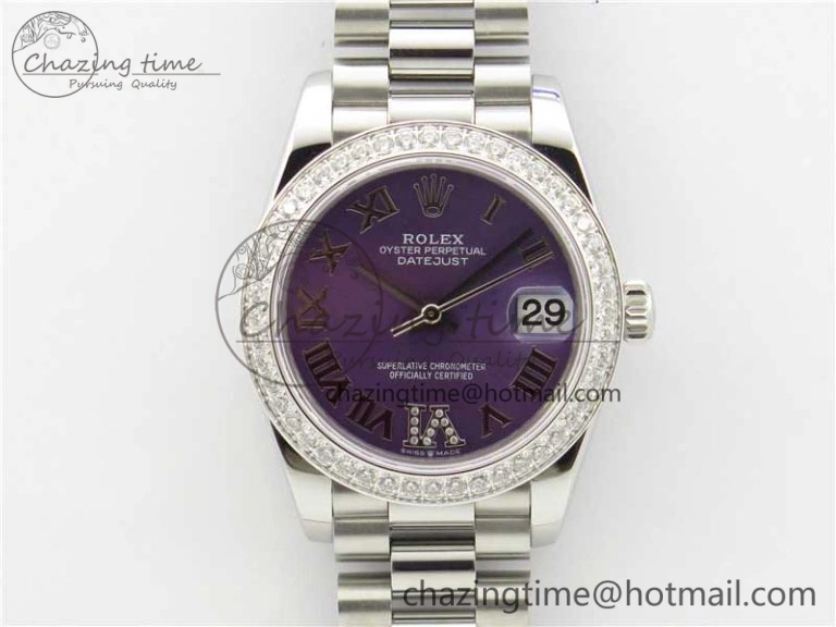 Datejust 31mm 278275 SS Crystal Bezel BP Maker Best Edition Purple Roman Dial Crystal @6 on SS President Bracelet Cozy 10517