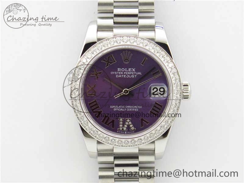 Datejust 31mm 278275 SS Crystal Bezel BP Maker Best Edition Purple Roman Dial Crystal @6 on SS President Bracelet Unisex 3085