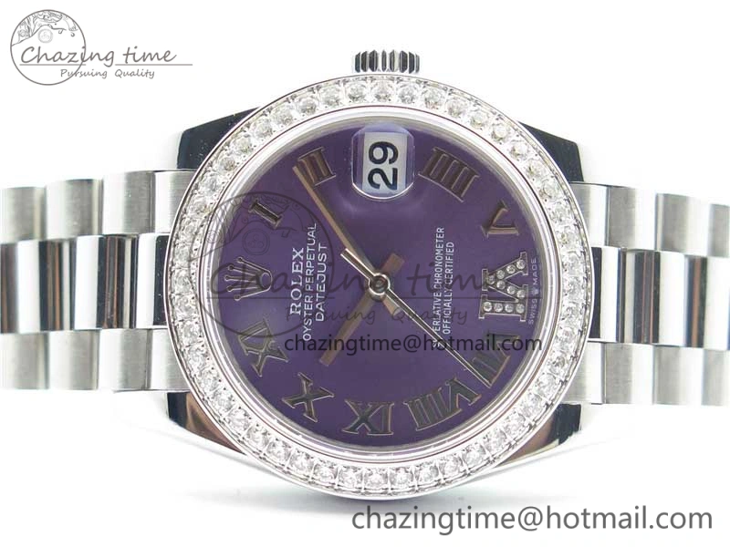 Datejust 31mm 278275 SS Crystal Bezel BP Maker Best Edition Purple Roman Dial Crystal @6 on SS President Bracelet Unisex 3085