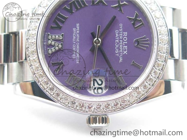 Datejust 31mm 278275 SS Crystal Bezel BP Maker Best Edition Purple Roman Dial Crystal @6 on SS President Bracelet Unisex 3085