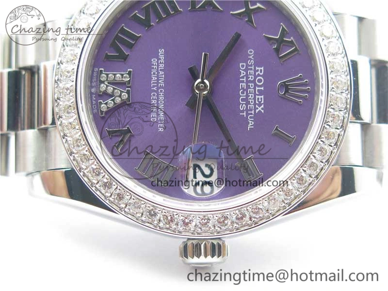 Datejust 31mm 278275 SS Crystal Bezel BP Maker Best Edition Purple Roman Dial Crystal @6 on SS President Bracelet Unisex 3085