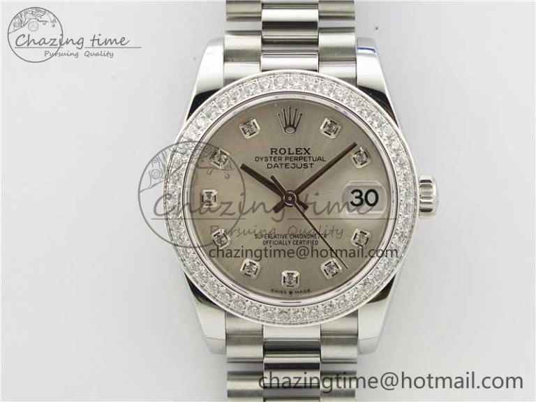 Datejust 31mm 278275 SS Crystal Bezel BP Maker Best Edition Silver Crystals Markers Dial on SS President Bracelet Modern 3081