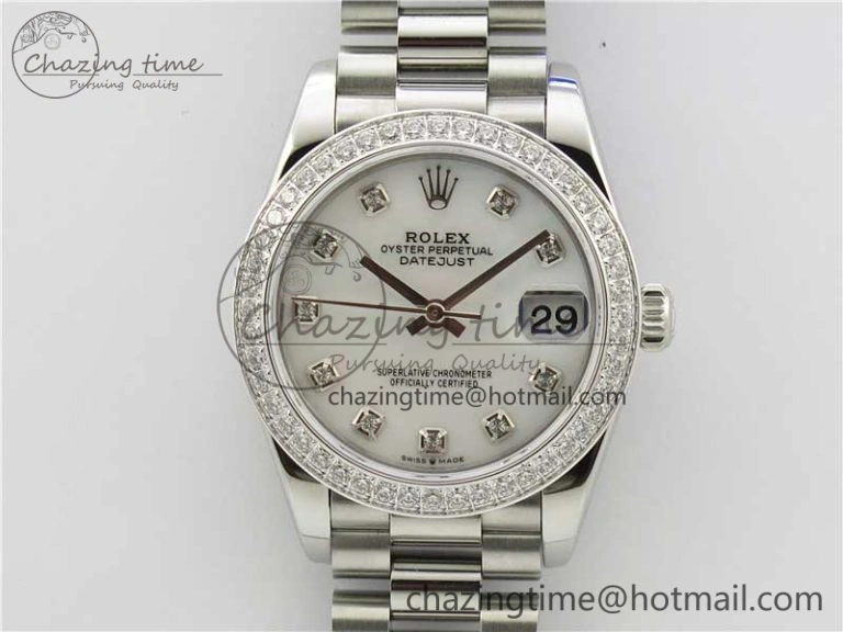 Attractive Datejust 31mm 278275 SS Crystal Bezel BP Maker Best Edition White Mop Dial Crystal on SS President Bracelet 10533