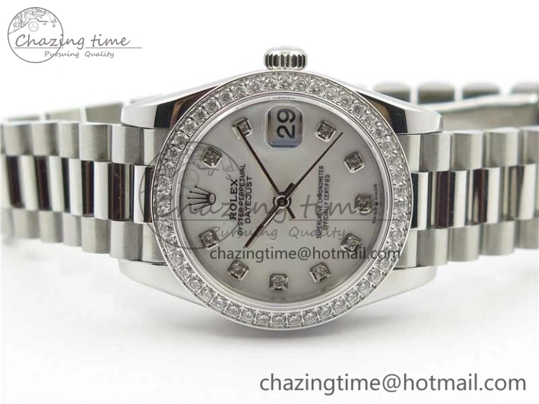 Datejust 31mm 278275 SS Crystal Bezel BP Maker Best Edition White Mop Dial Crystal on SS President Bracelet HighPerformance 3104