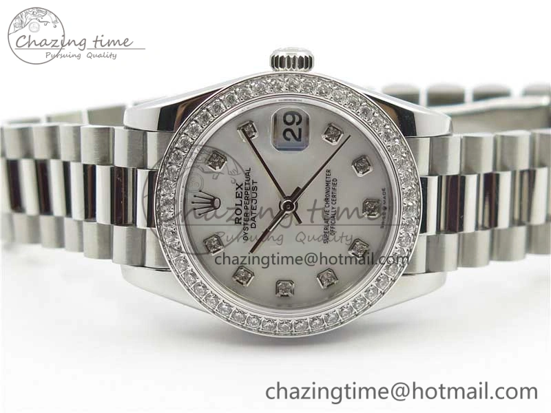Datejust 31mm 278275 SS Crystal Bezel BP Maker Best Edition White Mop Dial Crystal on SS President Bracelet HighPerformance 3104