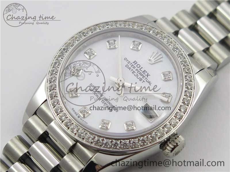 Datejust 31mm 278275 SS Crystal Bezel BP Maker Best Edition White Mop Dial Crystal on SS President Bracelet HighPerformance 3104
