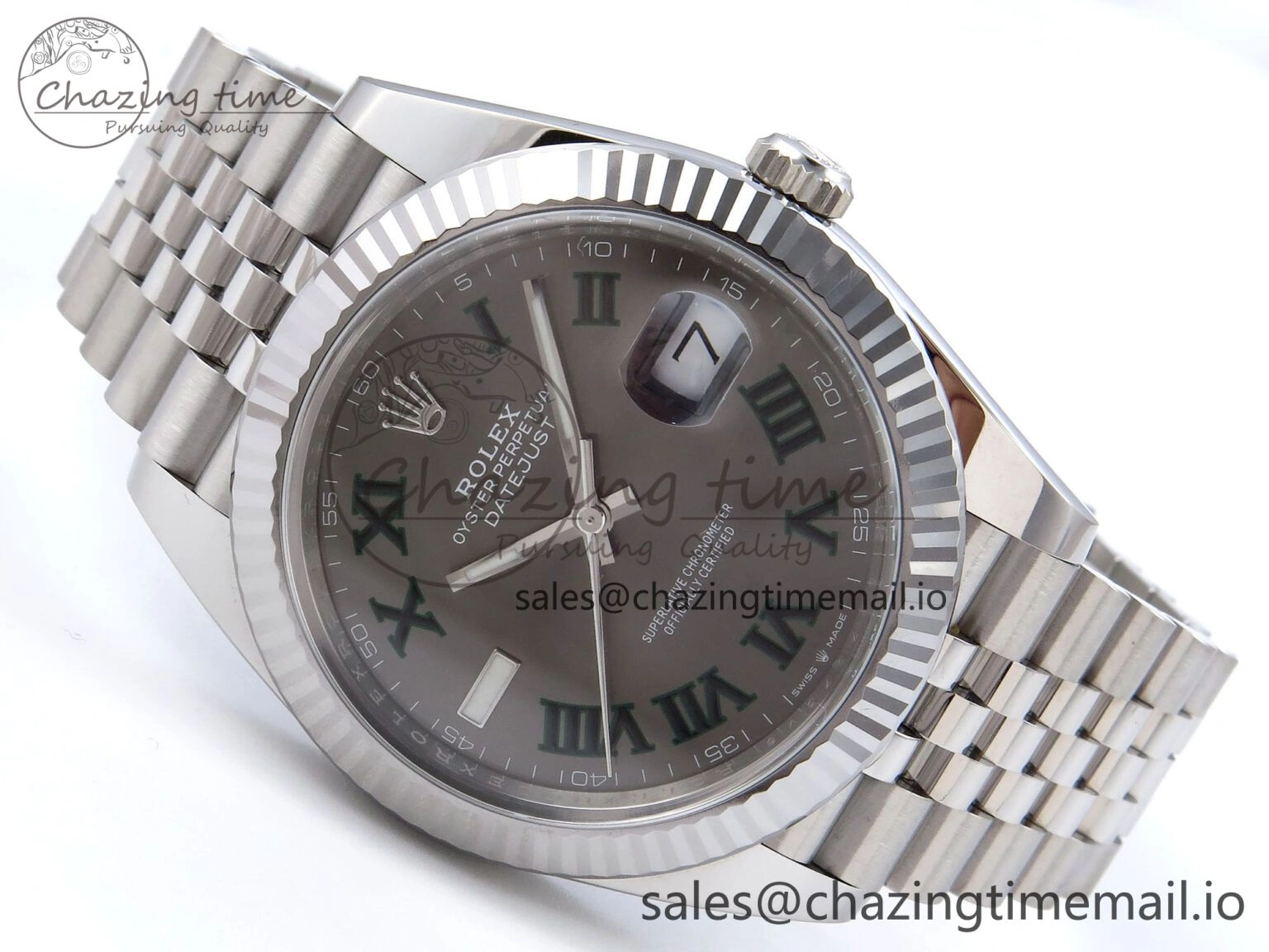 TechFriendly Datejust 41 SS Clean 1:1 Best Edition Gray Dial Green Roman Dial on SS Bracelet VR 901