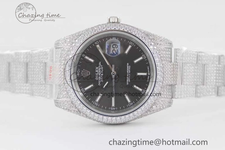 FlexibleFit Datejust 41 SS Full Diamonds TWF 1:1 Best Edition Black Stick Markers Dial on Bracelet A 2394