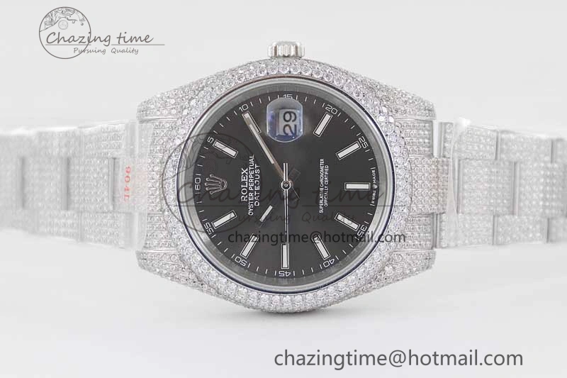FlexibleFit Datejust 41 SS Full Diamonds TWF 1:1 Best Edition Black Stick Markers Dial on Bracelet A 2394