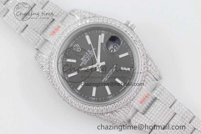 FlexibleFit Datejust 41 SS Full Diamonds TWF 1:1 Best Edition Black Stick Markers Dial on Bracelet A 2394