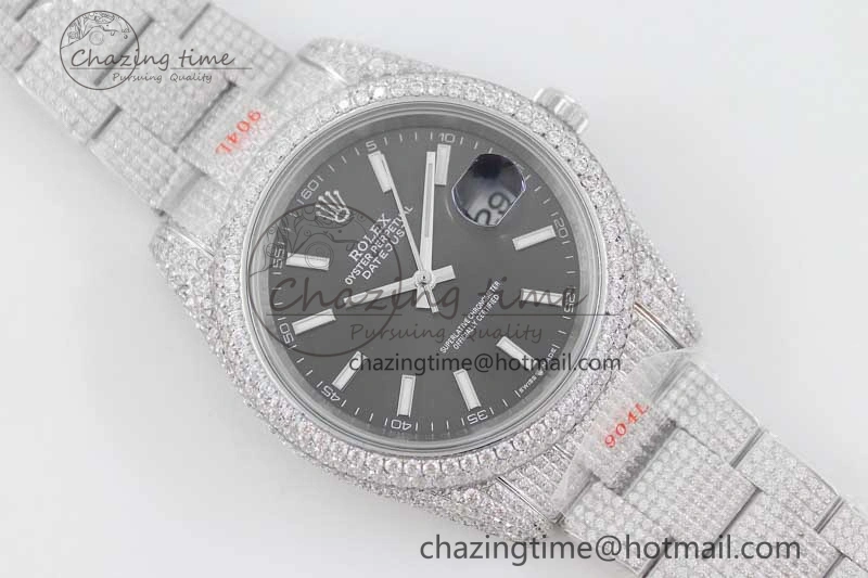 FlexibleFit Datejust 41 SS Full Diamonds TWF 1:1 Best Edition Black Stick Markers Dial on Bracelet A 2394