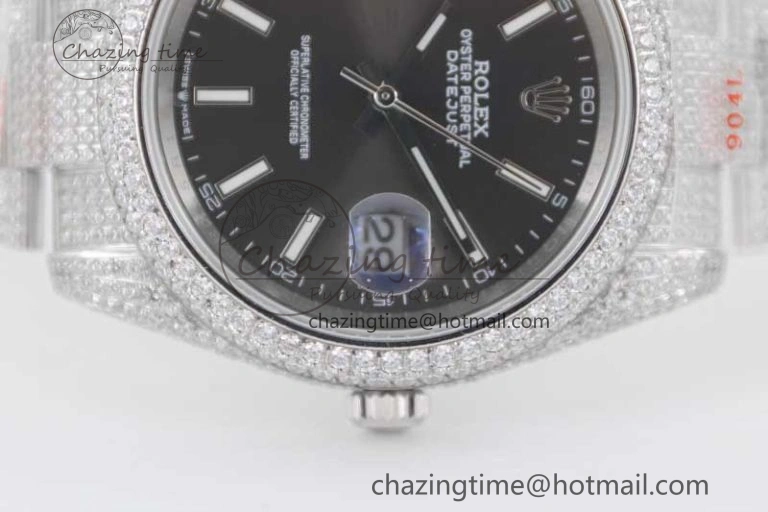 FlexibleFit Datejust 41 SS Full Diamonds TWF 1:1 Best Edition Black Stick Markers Dial on Bracelet A 2394