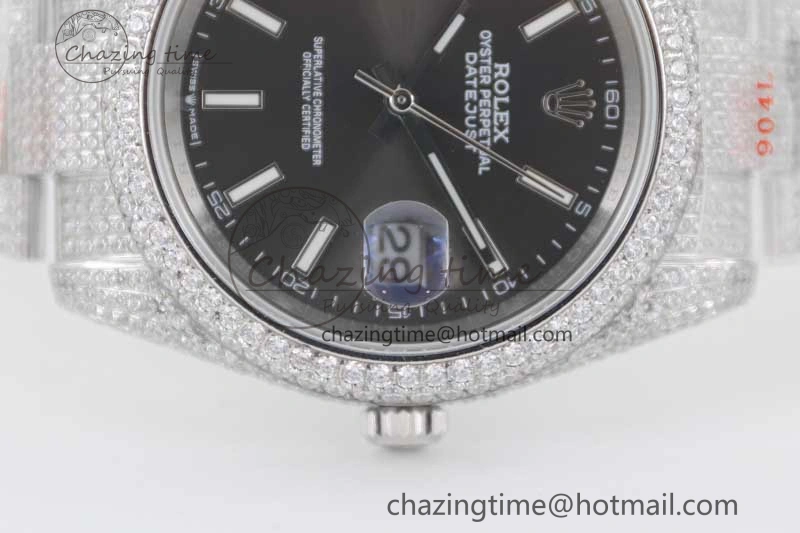 FlexibleFit Datejust 41 SS Full Diamonds TWF 1:1 Best Edition Black Stick Markers Dial on Bracelet A 2394