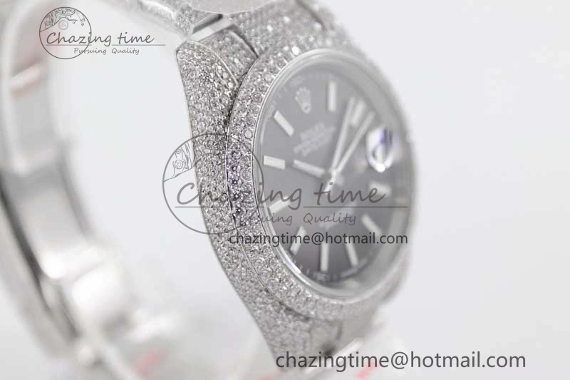 FlexibleFit Datejust 41 SS Full Diamonds TWF 1:1 Best Edition Black Stick Markers Dial on Bracelet A 2394