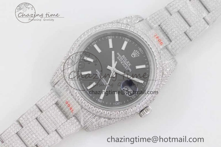 FlexibleFit Datejust 41 SS Full Diamonds TWF 1:1 Best Edition Black Stick Markers Dial on Bracelet A 2394