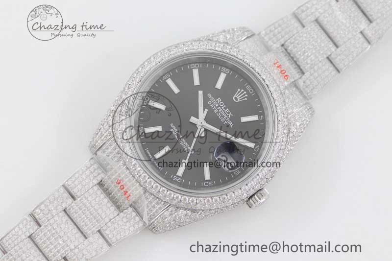FlexibleFit Datejust 41 SS Full Diamonds TWF 1:1 Best Edition Black Stick Markers Dial on Bracelet A 2394