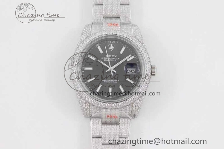 FlexibleFit Datejust 41 SS Full Diamonds TWF 1:1 Best Edition Black Stick Markers Dial on Bracelet A 2394