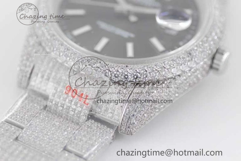 FlexibleFit Datejust 41 SS Full Diamonds TWF 1:1 Best Edition Black Stick Markers Dial on Bracelet A 2394