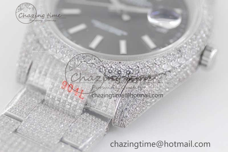 FlexibleFit Datejust 41 SS Full Diamonds TWF 1:1 Best Edition Black Stick Markers Dial on Bracelet A 2394