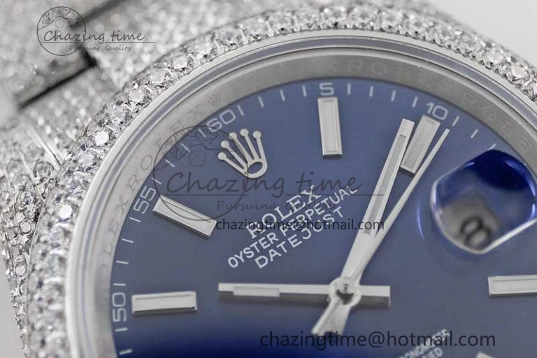 TechFriendly Datejust 41 SS Full Diamonds TWF 1:1 Best Edition Blue Stick Markers Dial on Bracelet A 2393