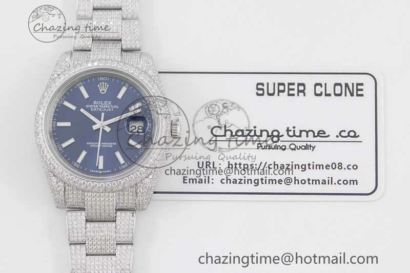 TechFriendly Datejust 41 SS Full Diamonds TWF 1:1 Best Edition Blue Stick Markers Dial on Bracelet A 2393