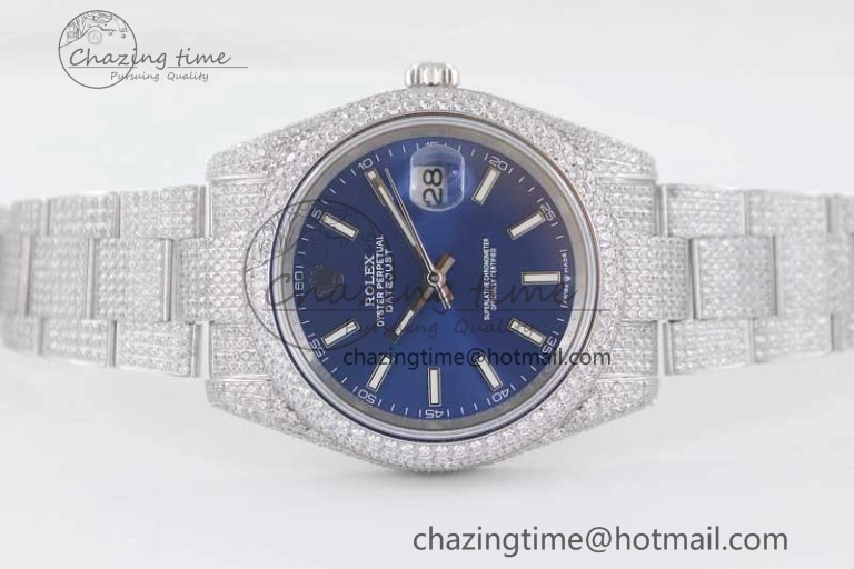 TechFriendly Datejust 41 SS Full Diamonds TWF 1:1 Best Edition Blue Stick Markers Dial on Bracelet A 2393