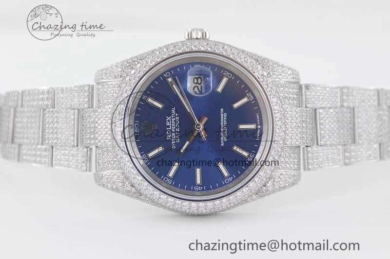 TechFriendly Datejust 41 SS Full Diamonds TWF 1:1 Best Edition Blue Stick Markers Dial on Bracelet A 2393