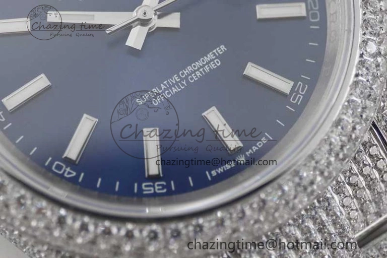 TechFriendly Datejust 41 SS Full Diamonds TWF 1:1 Best Edition Blue Stick Markers Dial on Bracelet A 2393