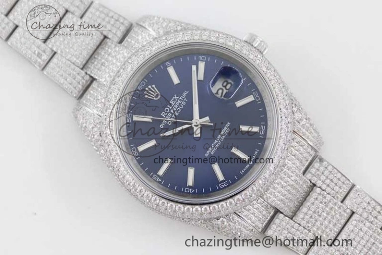 TechFriendly Datejust 41 SS Full Diamonds TWF 1:1 Best Edition Blue Stick Markers Dial on Bracelet A 2393