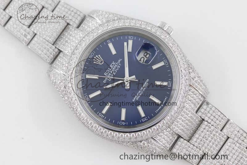 TechFriendly Datejust 41 SS Full Diamonds TWF 1:1 Best Edition Blue Stick Markers Dial on Bracelet A 2393