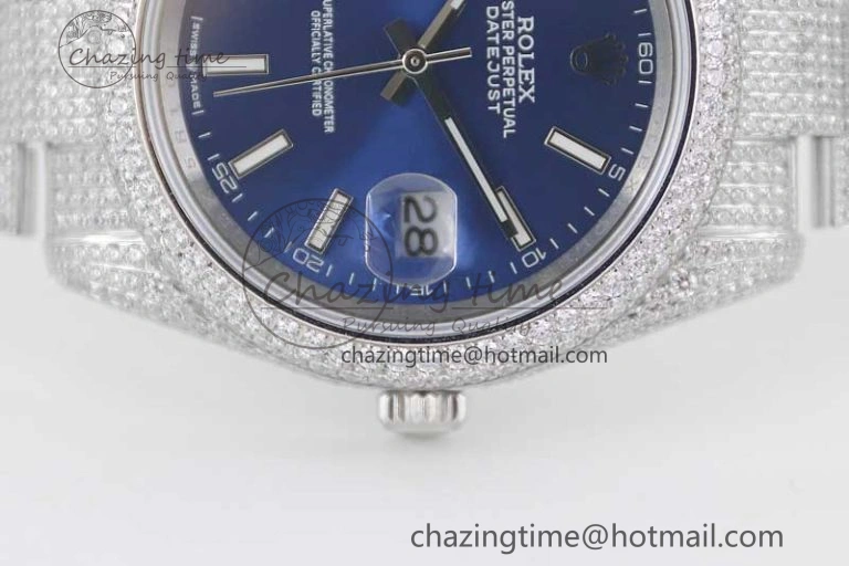 TechFriendly Datejust 41 SS Full Diamonds TWF 1:1 Best Edition Blue Stick Markers Dial on Bracelet A 2393