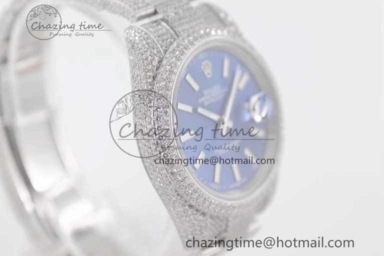 TechFriendly Datejust 41 SS Full Diamonds TWF 1:1 Best Edition Blue Stick Markers Dial on Bracelet A 2393
