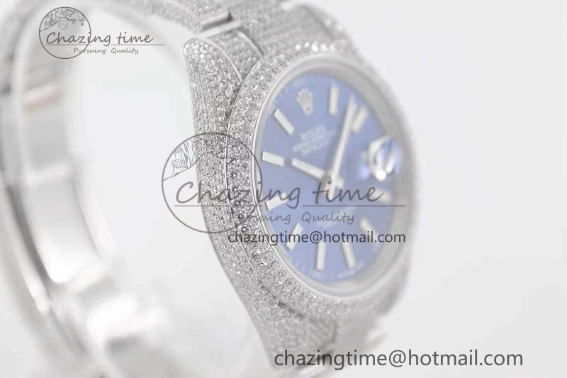 TechFriendly Datejust 41 SS Full Diamonds TWF 1:1 Best Edition Blue Stick Markers Dial on Bracelet A 2393