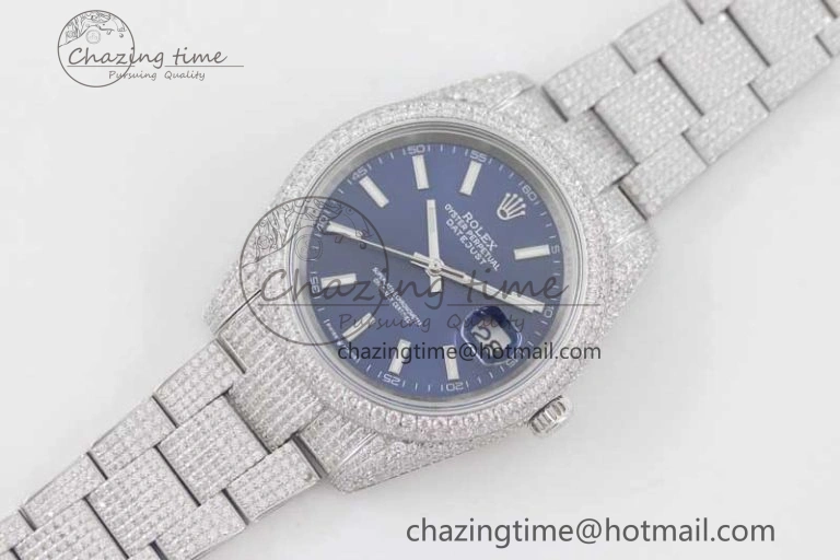 TechFriendly Datejust 41 SS Full Diamonds TWF 1:1 Best Edition Blue Stick Markers Dial on Bracelet A 2393