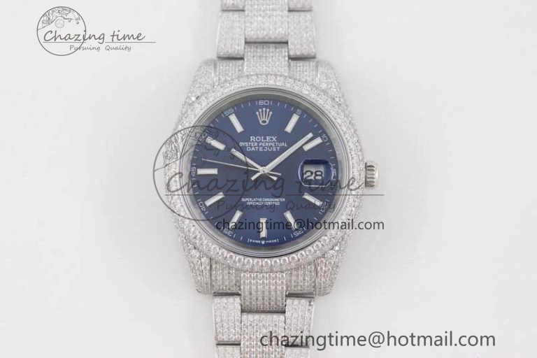 TechFriendly Datejust 41 SS Full Diamonds TWF 1:1 Best Edition Blue Stick Markers Dial on Bracelet A 2393
