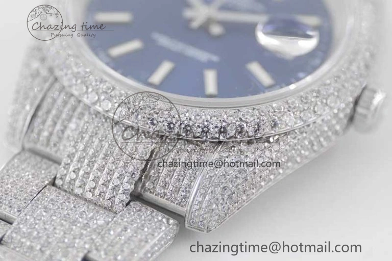 TechFriendly Datejust 41 SS Full Diamonds TWF 1:1 Best Edition Blue Stick Markers Dial on Bracelet A 2393