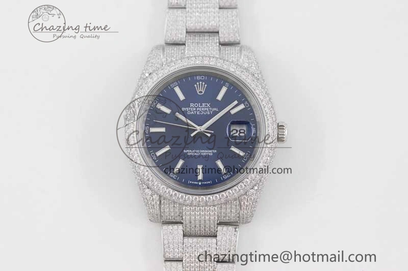 TechFriendly Datejust 41 SS Full Diamonds TWF 1:1 Best Edition Blue Stick Markers Dial on Bracelet A 2393