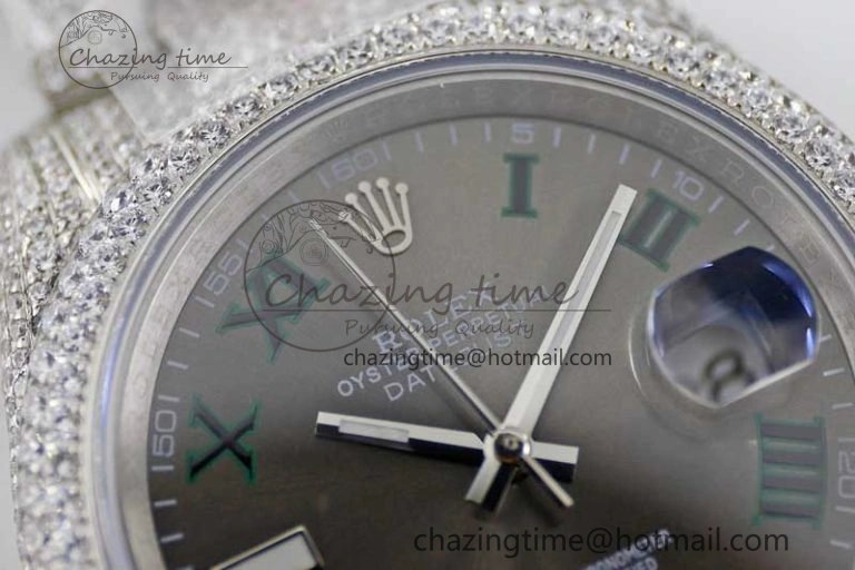 Snug Datejust 41 SS Full Diamonds TWF 1:1 Best Edition Gray Roman Markers Dial on Bracelet A 2391