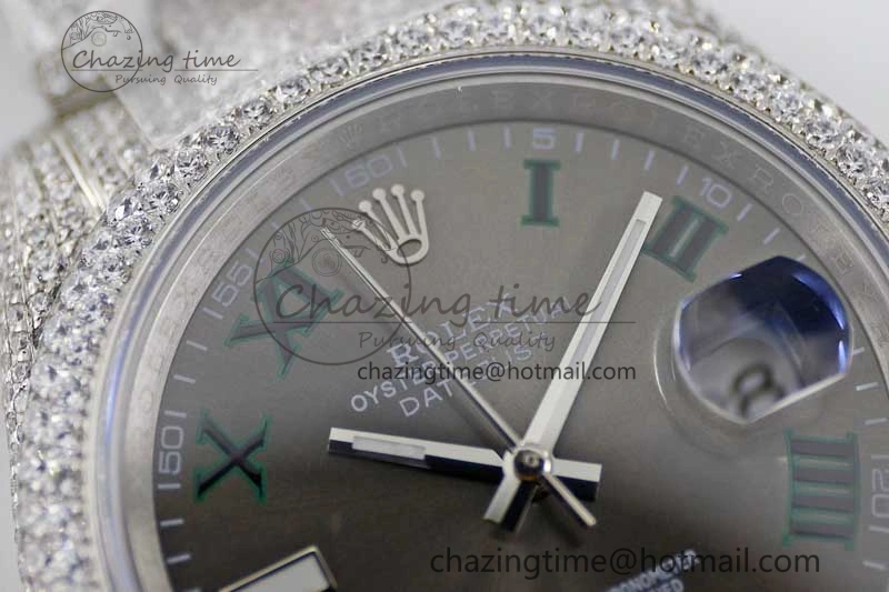 Snug Datejust 41 SS Full Diamonds TWF 1:1 Best Edition Gray Roman Markers Dial on Bracelet A 2391