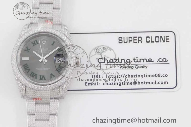 Snug Datejust 41 SS Full Diamonds TWF 1:1 Best Edition Gray Roman Markers Dial on Bracelet A 2391