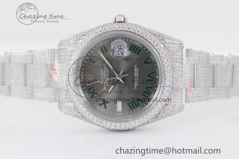 Snug Datejust 41 SS Full Diamonds TWF 1:1 Best Edition Gray Roman Markers Dial on Bracelet A 2391