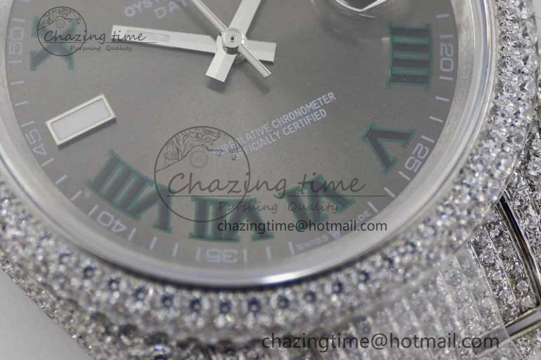 Snug Datejust 41 SS Full Diamonds TWF 1:1 Best Edition Gray Roman Markers Dial on Bracelet A 2391